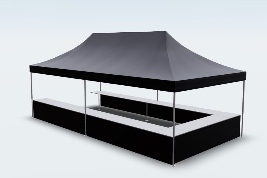 Schwarzer Faltpavillon 4x8 mit Theke auf 3 Seiten