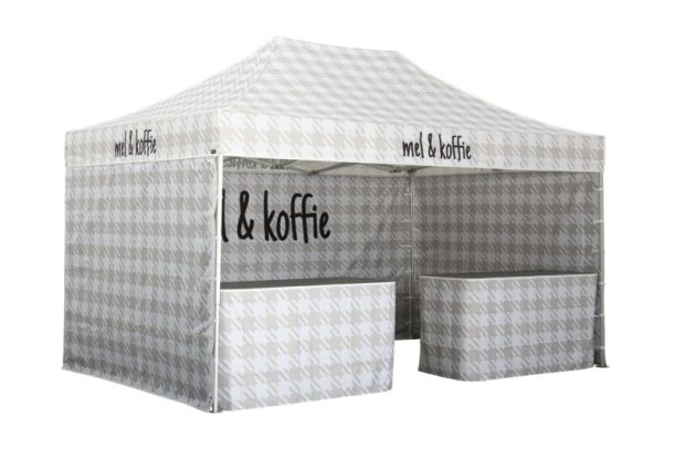Faltpavillon 3x4,5 mit Seitenteilen bedruckt mel & koffie